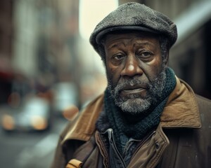 Canvas Print - A man with a beard and hat standing on the street.