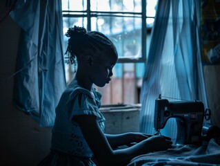 A young girl sitting at a sewing machine in front of window. Generative AI.