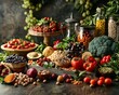 A table with many different types of fruits and vegetables. Generative AI.