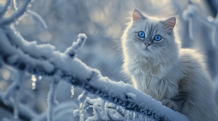 Poster - A white cat with blue eyes sitting on a tree branch.