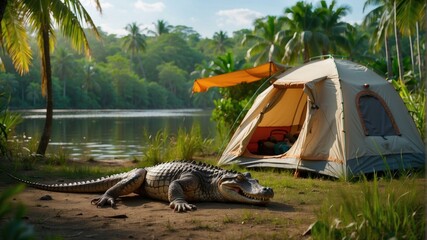 Wall Mural - A tent and an alligator in the jungle. Generative AI.