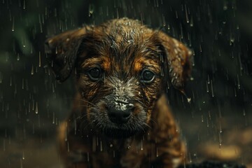 Sticker - A small brown puppy sitting in the rain with a wet nose. Generative AI.