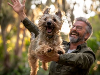 Poster - A man with glasses holding a dog in the air. Generative AI.