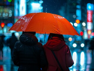 Wall Mural - Two people are standing under an orange umbrella on a rainy night. Generative AI.