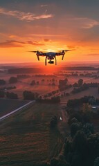 Poster - A drone flying over a field at sunset with a sunset in the background. Generative AI.