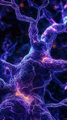 Wall Mural - a close up of a purple and blue neuron in the dark. generative ai.