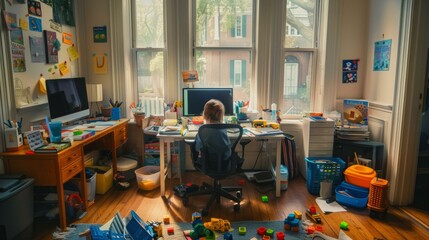 Wall Mural - A child sitting at a desk in a messy room. Generative AI.