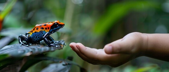 Poster - A person reaching out to touch a colorful frog on the ground. Generative AI.