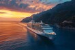 Breathtaking Voyage:Luxury Cruise Ship Sails into Vibrant Sunset over Scenic Coastal Landscape