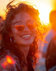 Canvas Print - A woman with sunglasses smiling at the camera while wearing a hat. Generative AI.