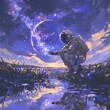 An astronaut in a suit kneeling beside an alien lake on the moon's surface with a large crescent moon glowing above. A whimsical and serene celestial scene.
