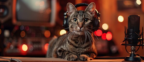 Wall Mural - A cat wearing headphones sitting on a table next to recording equipment. Generative AI.
