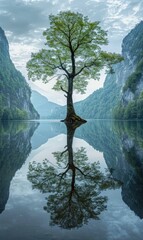Wall Mural - A tree is reflected in a lake with mountains behind it. Generative AI.