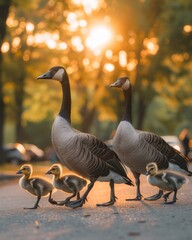 Wall Mural - A family of a group of ducks walking down the street. Generative AI.