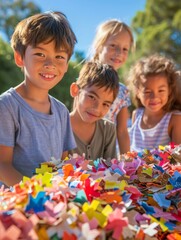 Wall Mural - A group of children standing around a table full of paper. Generative AI.