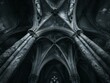 A very dark picture of a cathedral with many columns. Generative AI.