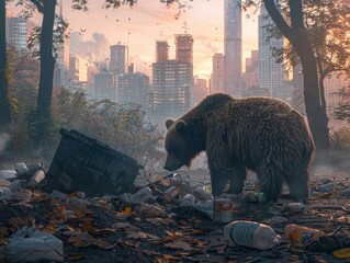 Poster - A bear standing in a city with trash and trees. Generative AI.