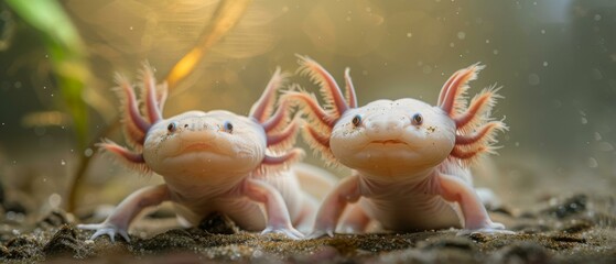 Canvas Print - Two axolotls are standing next to each other. Generative AI.