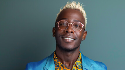 Young black gay man smiling with short manicured blonde hair, well-dressed with vibrant blue blazer, intricate patterned shirt, stylish hick rimmed eye glasses