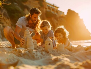 Sticker - A man and two children building sand castles on the beach.