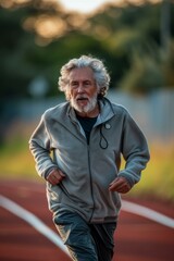 Poster - A man running on a track with his hands in the air. Generative AI.