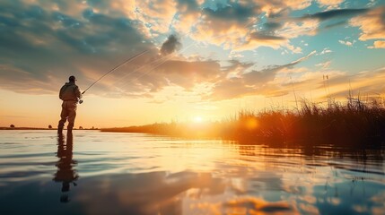 The fisherman casts his fishing rod into the water.