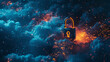 Padlock with glow effect surrounded by clouds, cybersecurity, data protection