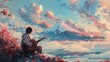 Dreamy cartoon poster with musician gazing at cloudy mountain