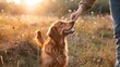 Person feeding happy dog treat outdoors at sunset