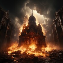 A Dark And Stormy Night. A Large, Gothic Cathedral Is On Fire, With Flames And Smoke Billowing Out Of The Windows And Doors. The Sky Is Lit Up By The Flames, And The Rain Is Coming Down In Sheets.