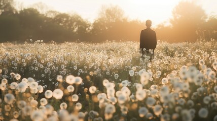 Wall Mural - Person standing in field of dandelions at sunset