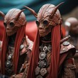 A pair of armored alien warriors with red dreadlocks stand guard