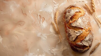Wall Mural - Freshly baked bread on textured background with wheat ears