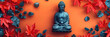 Holiday Buddha's Birthday. Buddha surrounded by orange maple leaves. Buddhism concept. Banner