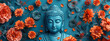 Buddha statue decorated with orange flowers on a blue background, close-up. Holiday Buddha's Birthday. Buddhism concept. Banner