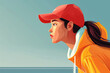 Illustration of a woman in a red cap and yellow jacket looking into the distance.