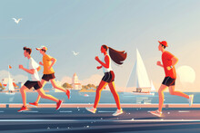 Illustration Of Four People Jogging By The Seaside With A Cityscape And Sailboat In The Background.