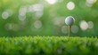 A close-up of a golf ball on a tee with a blurred green bokeh background.
