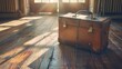 Vintage brown suitcase on wooden floor with sunlight streaming through windows