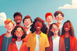 Colorful illustration of a diverse group of happy individuals posing together.