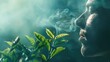 Person exhaling smoke among green leaves with mystical atmosphere