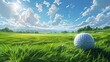 Artistic depiction of golf ball on green meadow.