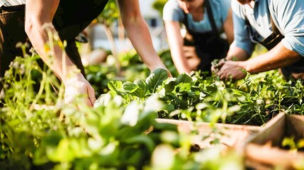 Individuals participating in a community garden project, sharing knowledge and produce, embodying the spirit of sustainability.