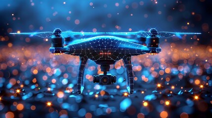 Digital 3D illustration featuring a drone with a camera against a dark blue background, symbolizing drone videography and aerial photography, with an abstract low poly design.