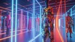 3D model of a high-fashion runway that uses holographic displays to showcase clothing with 90s graphic patterns.