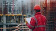 Construction worker reviewing plans at building site