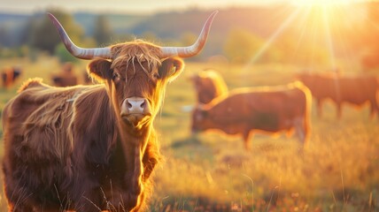 Wall Mural - highland cow in sunlit field at sunset