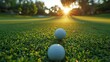 Golf balls and clubs ready on course in morning sunlight.