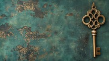 Vintage Key On Distressed, Turquoise Background