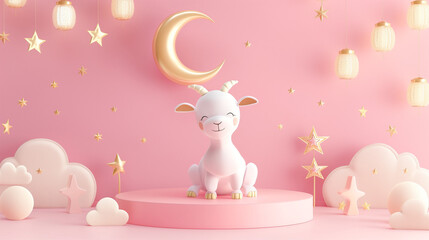 cute Bakra eid mubarak, eid al adha, cute goat on podium with Islamic crescent, cute eid concept with copy space